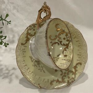 VTG Royal Sealy Japan Yellow Lusterware w Gold Hand Painted Tea Cup & Saucer Set